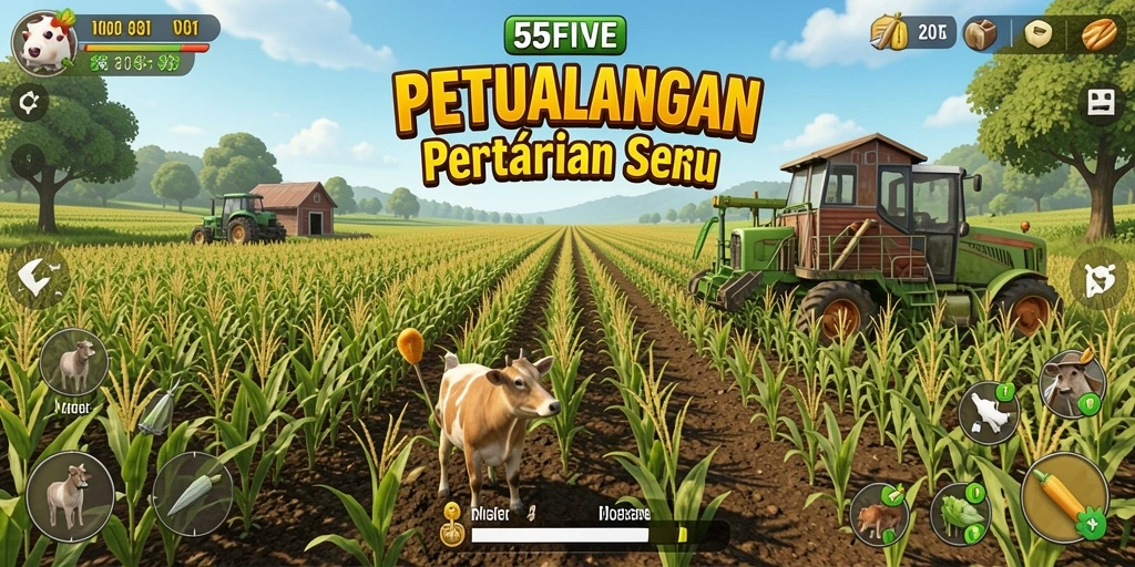 Tampilan gameplay <strong>55FIVE</strong> dengan suasana pertanian yang menyegarkan.