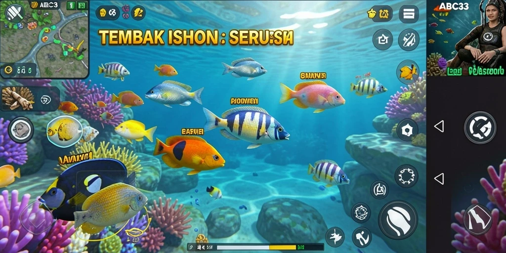 Tampilan gameplay menarik dalam ABC33 menangkap ikan di bawah laut.
