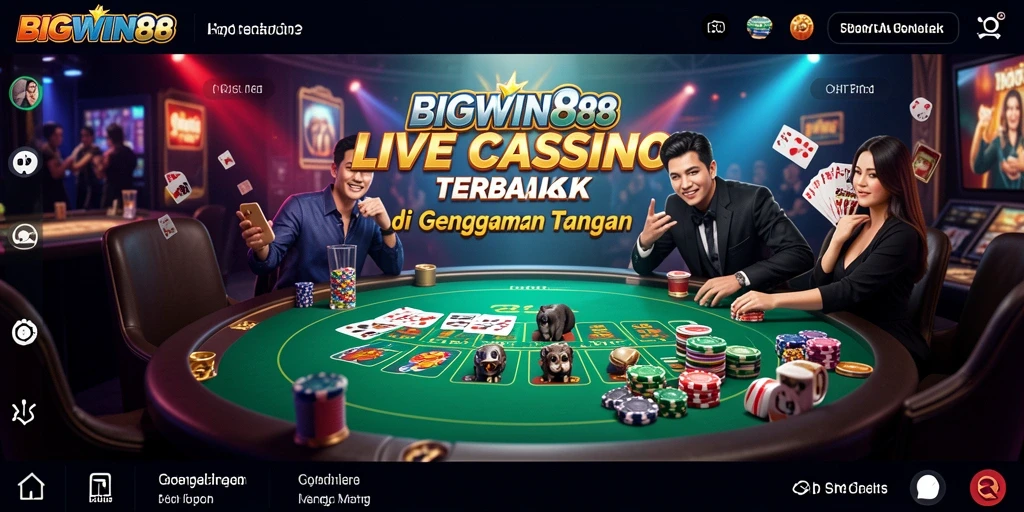 Screenshot menampilkan dealer live dan gameplay kasino yang mendebarkan.