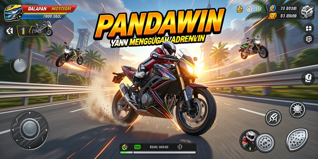 Tampilan gameplay PANDAWIN yang seru dalam balapan motor.