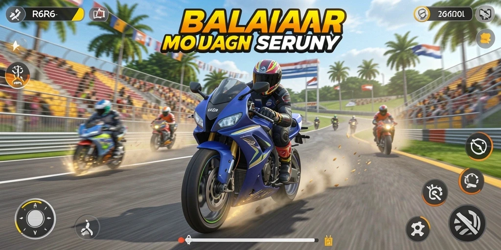 Screenshot R6R6 menampilkan aksi balapan motor yang mendebarkan.