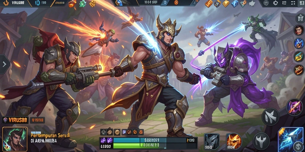 Screenshot gameplay <strong>VIRUS88</strong> yang menunjukkan pertempuran epik di arena MOBA.